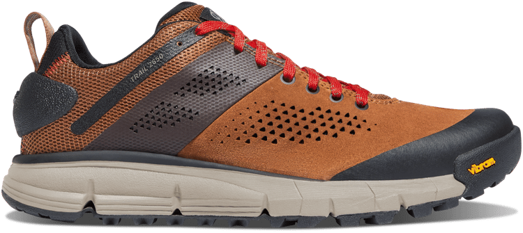 a low top hiking shoe in brown and red
