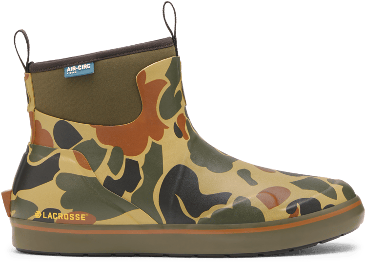 a pair of ankle height rubber boots in duck camo
