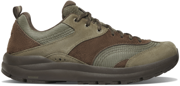 a low top hiking shoe in brown and red