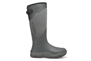 A grey leather boot shown in profile view with orange stictching and accents.