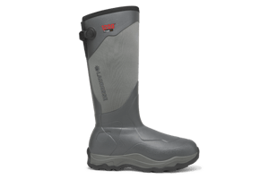A 7 inch brown boot with gold accents and a black rubber rand