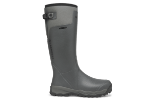 a gray boot with orange accents and a prominent LaCrosse logo on the side.