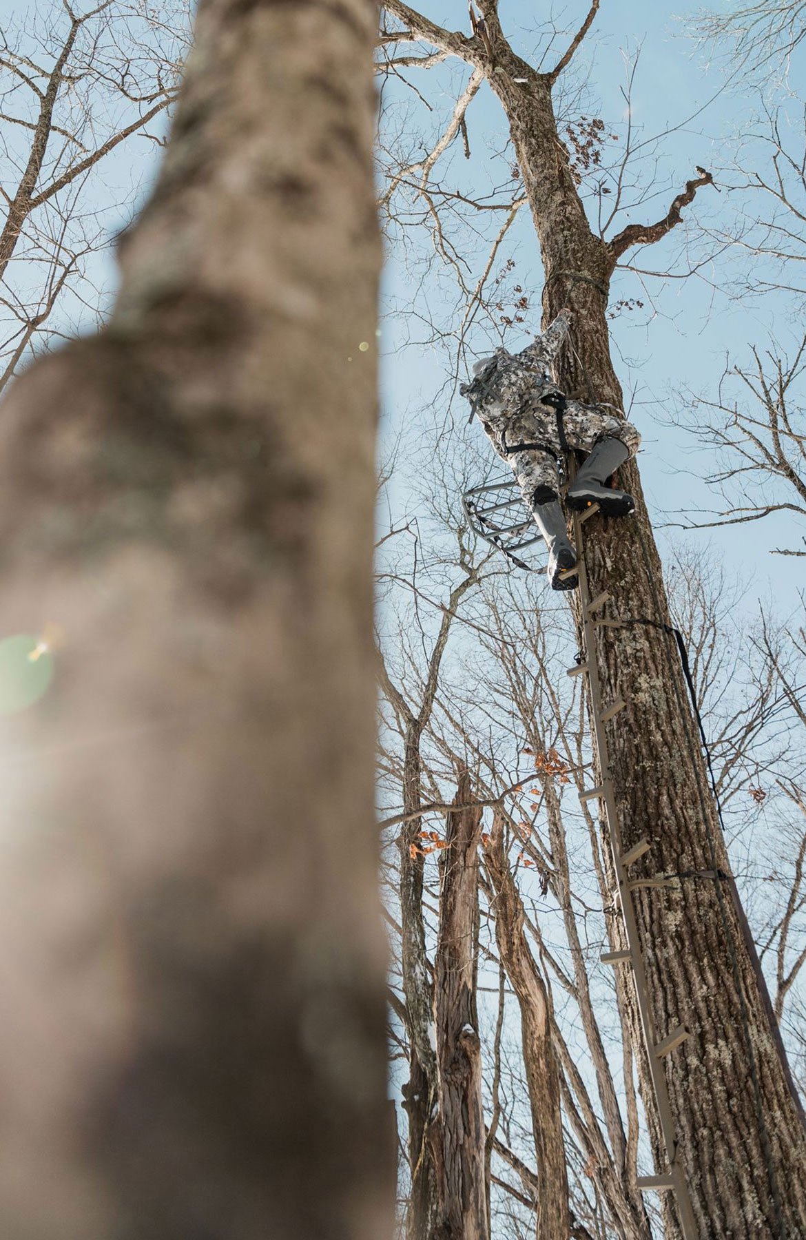 A man perched in a tree wearing gray hunting boots