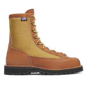 A brown leather boot shown in profile view with teal textile inlays and gold eyelets, there is some dirt showing on the outsole.